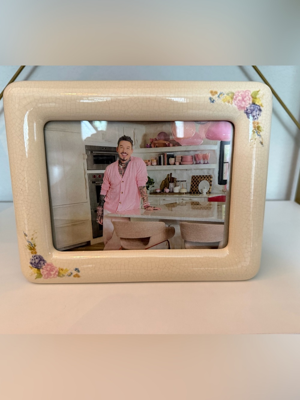 Vintage Ceramic Crackle Glaze Floral Picture Frame Cottagecore Shabby Chic